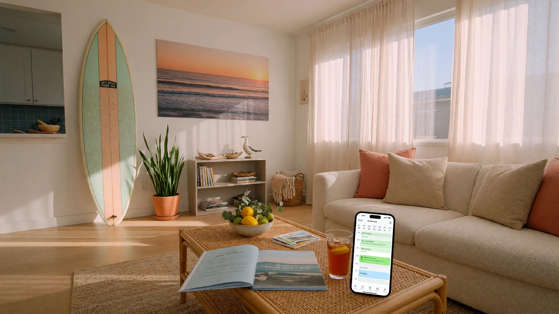 Bright San Diego vacation rental living room with coastal decor, surfboard, and welcome materials on a coffee table