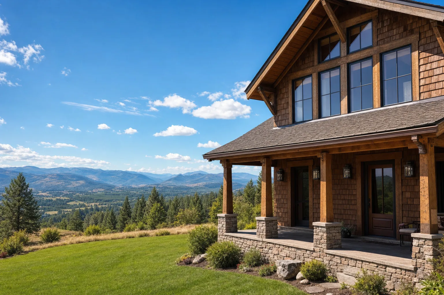 Southern Oregon home with a stone porch on the right, mountain valley and blue sky behind