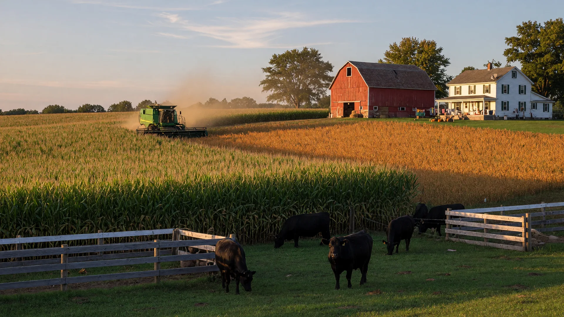 Cinematic panoramic view of a Wisconsin farm at the start of harvest with angus cattle on fenced pasture in the foreground, drying corn and a combine in the middle, and an amber soybean field glowing on a low rise behind a red barn and white farmhouse