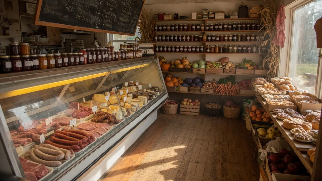 The interior of a rustic country food market with a glass-front butcher counter of fresh cuts and cheeses, wooden shelves of preserves and baked goods, and warm afternoon light over a worn wooden floor