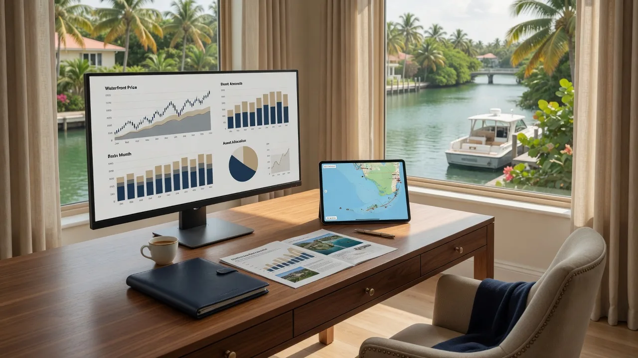 Real estate investment analysis on a modern monitor with Florida Keys map and market data charts
