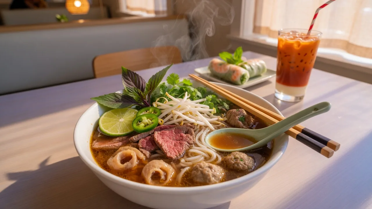 A steaming bowl of Vietnamese beef pho at Diamond Pho with rare steak, brisket, tendon, meatballs, rice noodles, and fresh herbs, with spring rolls and Thai iced tea on the table