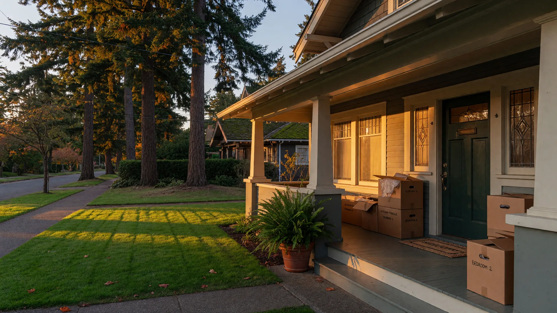 Front porch of a Pacific Northwest craftsman home at golden hour with moving boxes stacked by the door