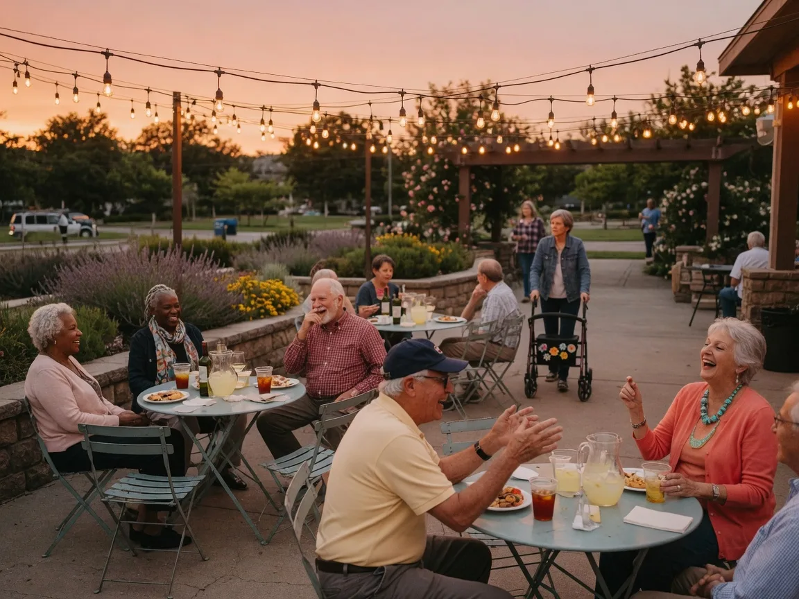 Active adults socializing at a community event on a patio with string lights