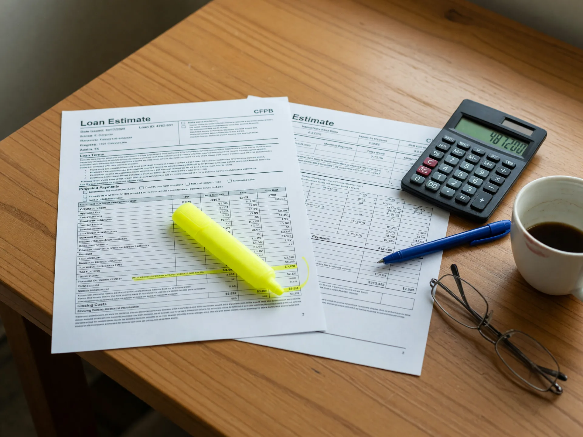 Two loan estimate documents side by side on a desk with a yellow highlighter, calculator, pen, reading glasses, and a cup of coffee