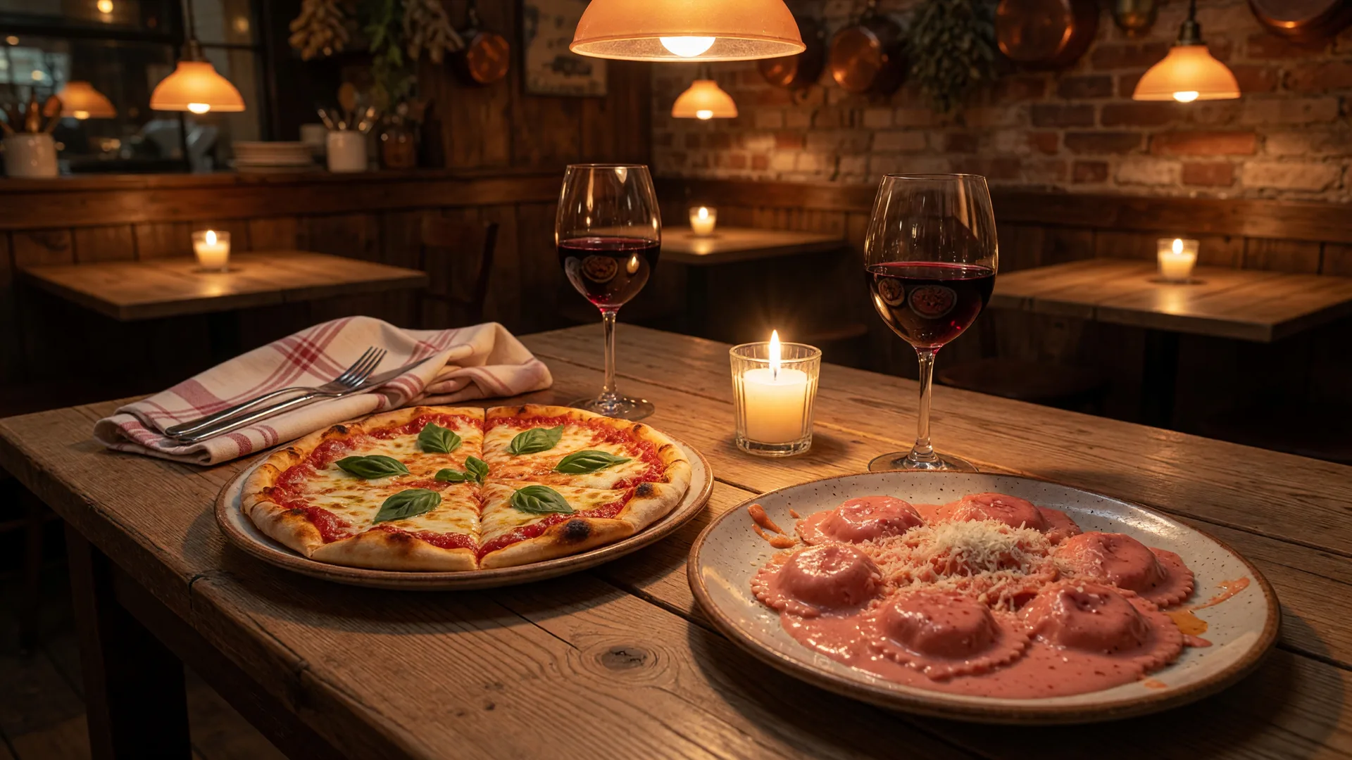 A candlelit Italian bistro dinner table at night with two glasses of red wine, ravioli in pink vodka sauce, and a Margherita pizza on rustic ceramic plates