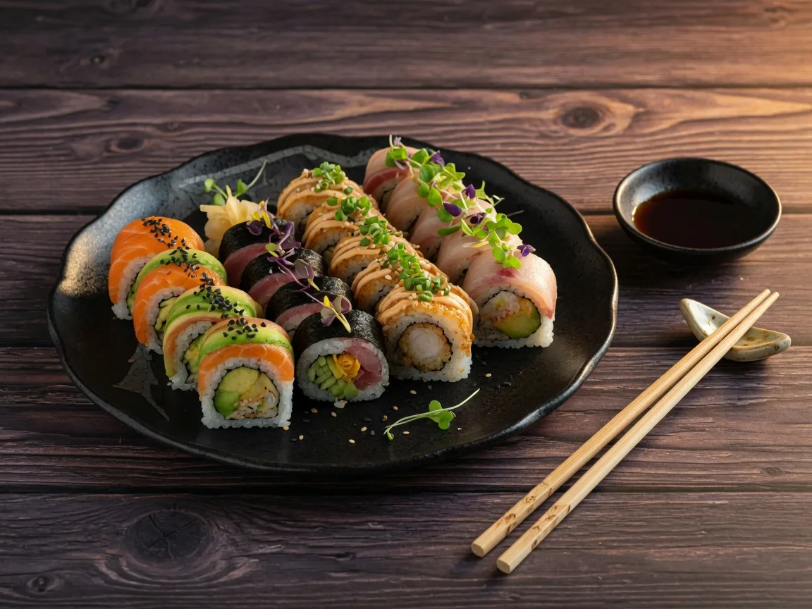 Beautifully presented sushi roll platter with colorful specialty rolls fresh fish avocado and sesame seeds at Umami Tavern in Braselton Georgia