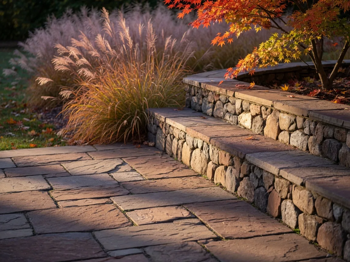 Close-up of a natural flagstone patio and fieldstone retaining wall with ornamental plantings
