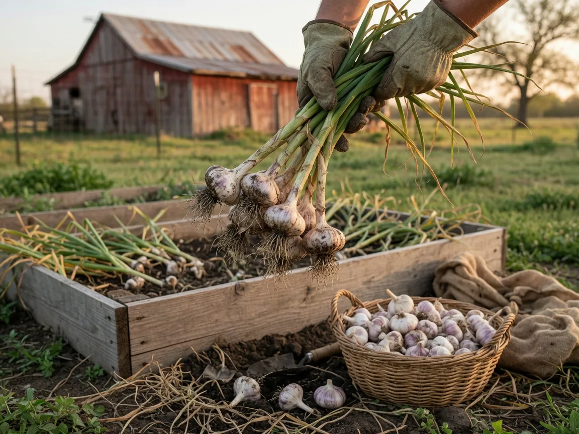 Hands holding up a freshly pulled bunch of garlic bulbs with papery skins and green tops at harvest time