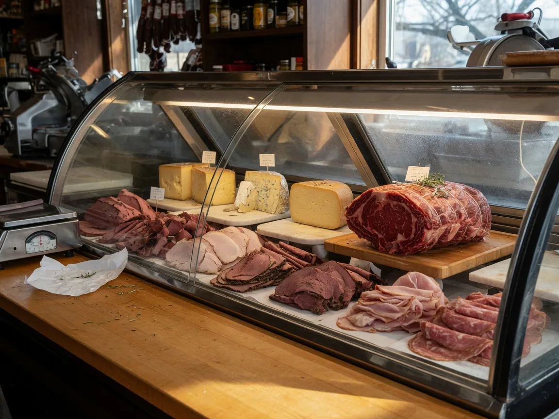 A gourmet deli and meat counter at Jonna's Market in Howell, Michigan, with hand-sliced deli meats, artisan cheeses, and a cut-and-tied prime rib roast
