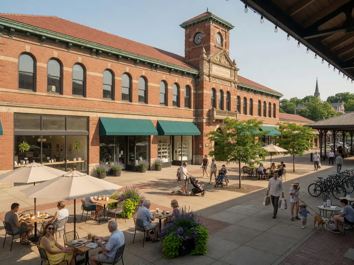 Lackawanna Plaza in Montclair NJ with historic train station building repurposed with modern retail storefronts and outdoor seating