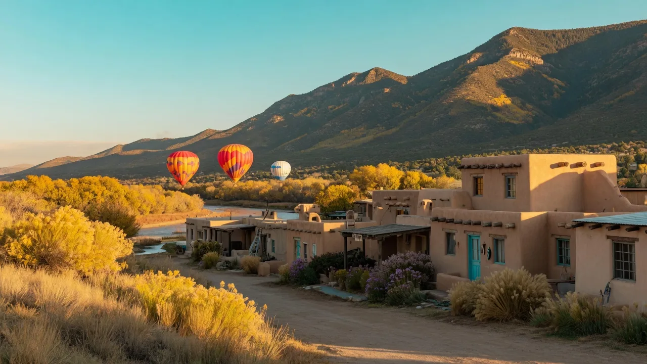Golden autumn light on adobe pueblo homes with wooden vigas near Albuquerque, the Sandia Mountains rising behind with patches of fall color, and hot air balloons drifting over the Rio Grande valley