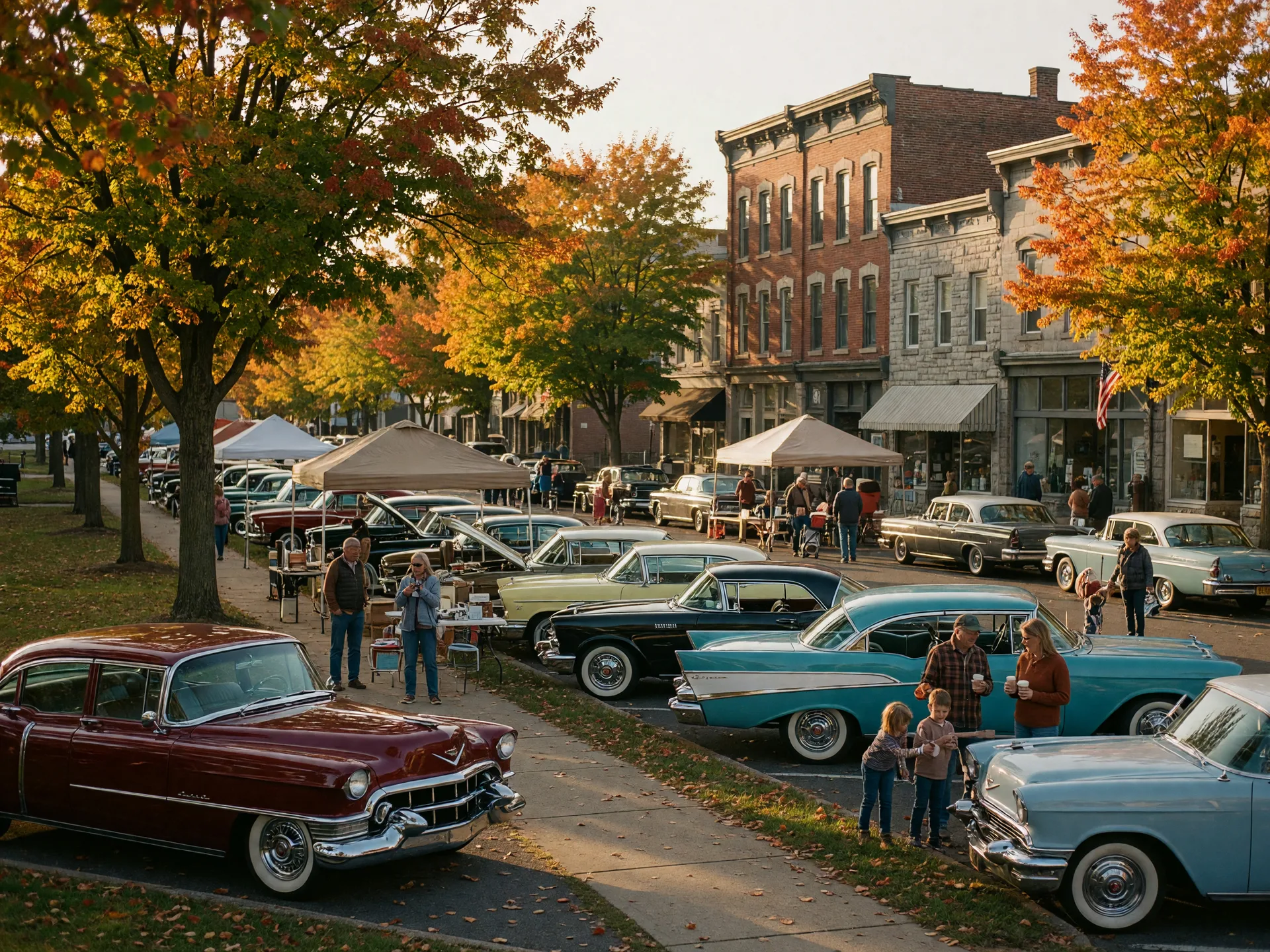 Classic American cars lined up along a tree-lined street during a fall car show, families browsing between the polished vintage automobiles, warm afternoon light through the trees