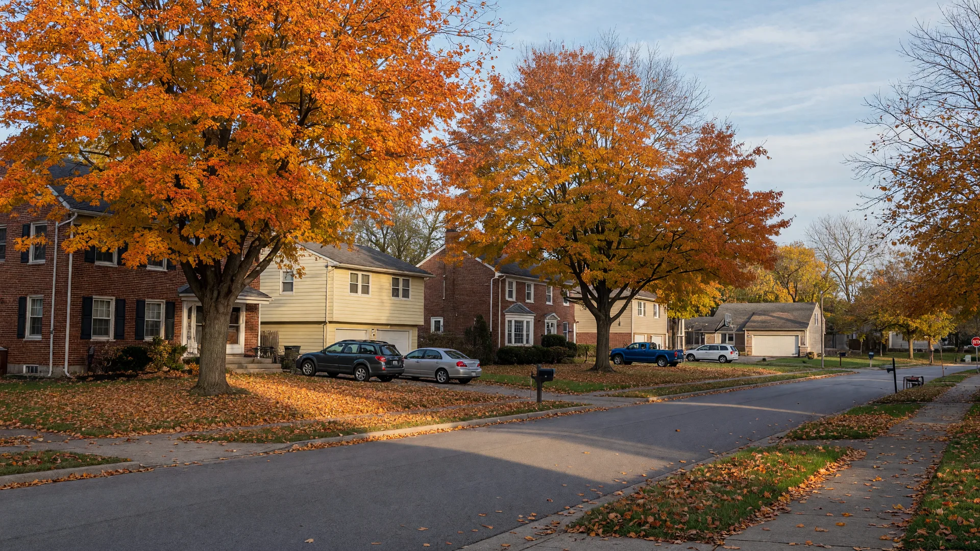 A quiet tree-lined residential street in a Cleveland suburb on a crisp October morning, brick colonials and mid-century homes with attached garages under maples and oaks turning orange and gold, a few cars parked in driveways