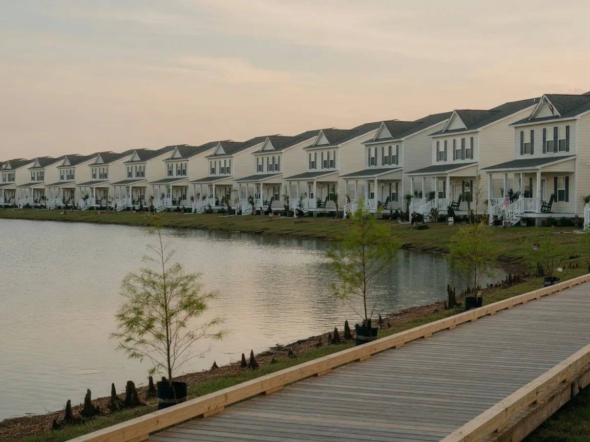 A lakefront boardwalk in the Cane Bay community