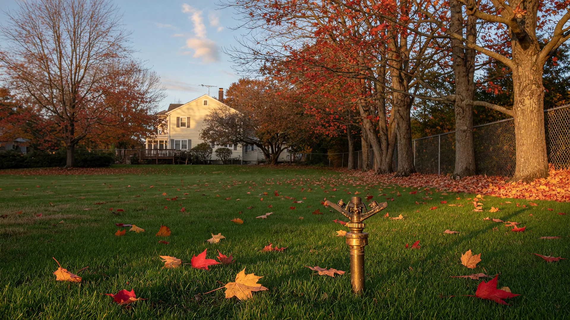 Backyard lawn in Cinnaminson New Jersey in late October with fallen red and gold maple leaves and a sprinkler head in the grass at golden hour
