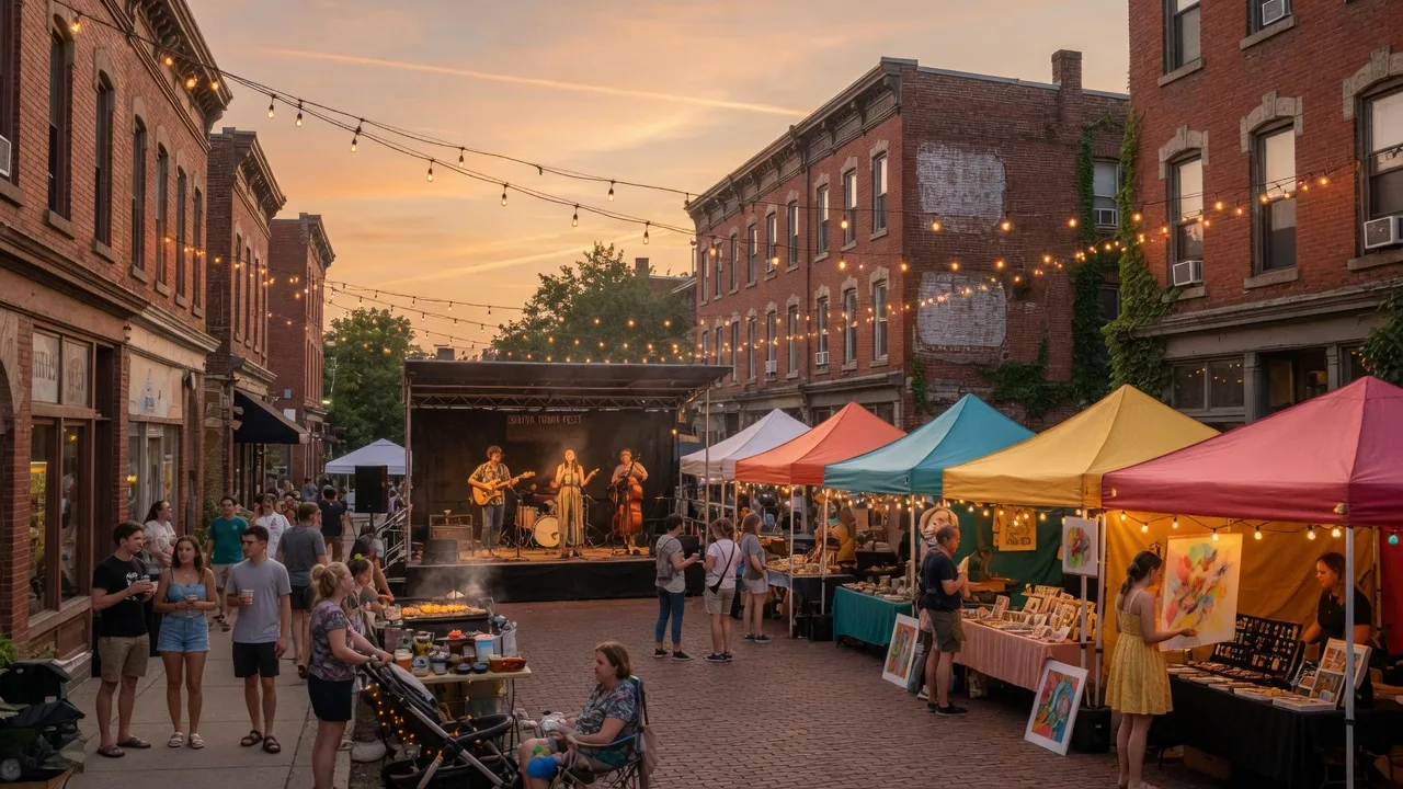 Medina's South Town District decorated with string lights and art vendor tents at golden hour for the arts and music festival
