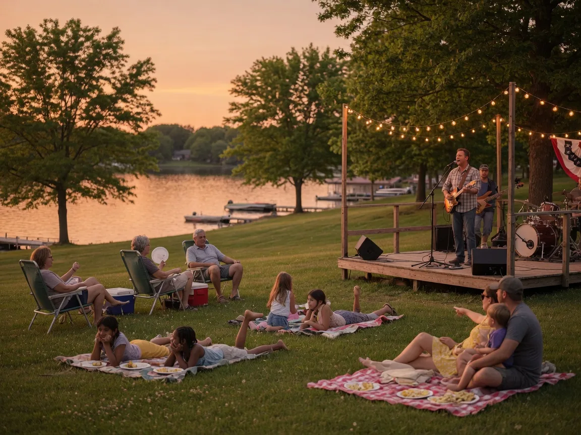 A live band playing under string lights at a lakefront park amphitheater with families on the lawn at dusk