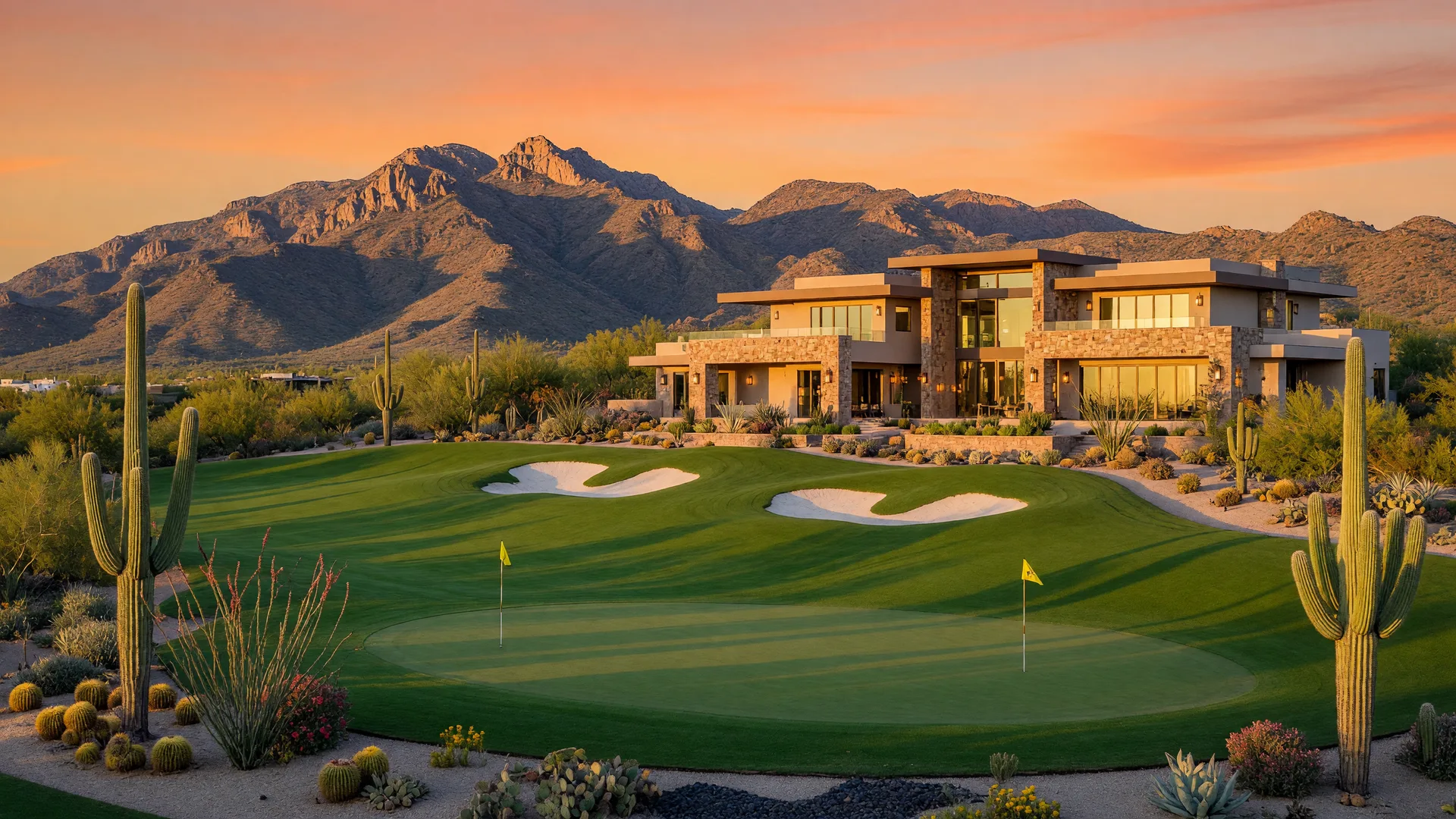 A wide-angle view of a luxury Scottsdale golf community at golden hour
