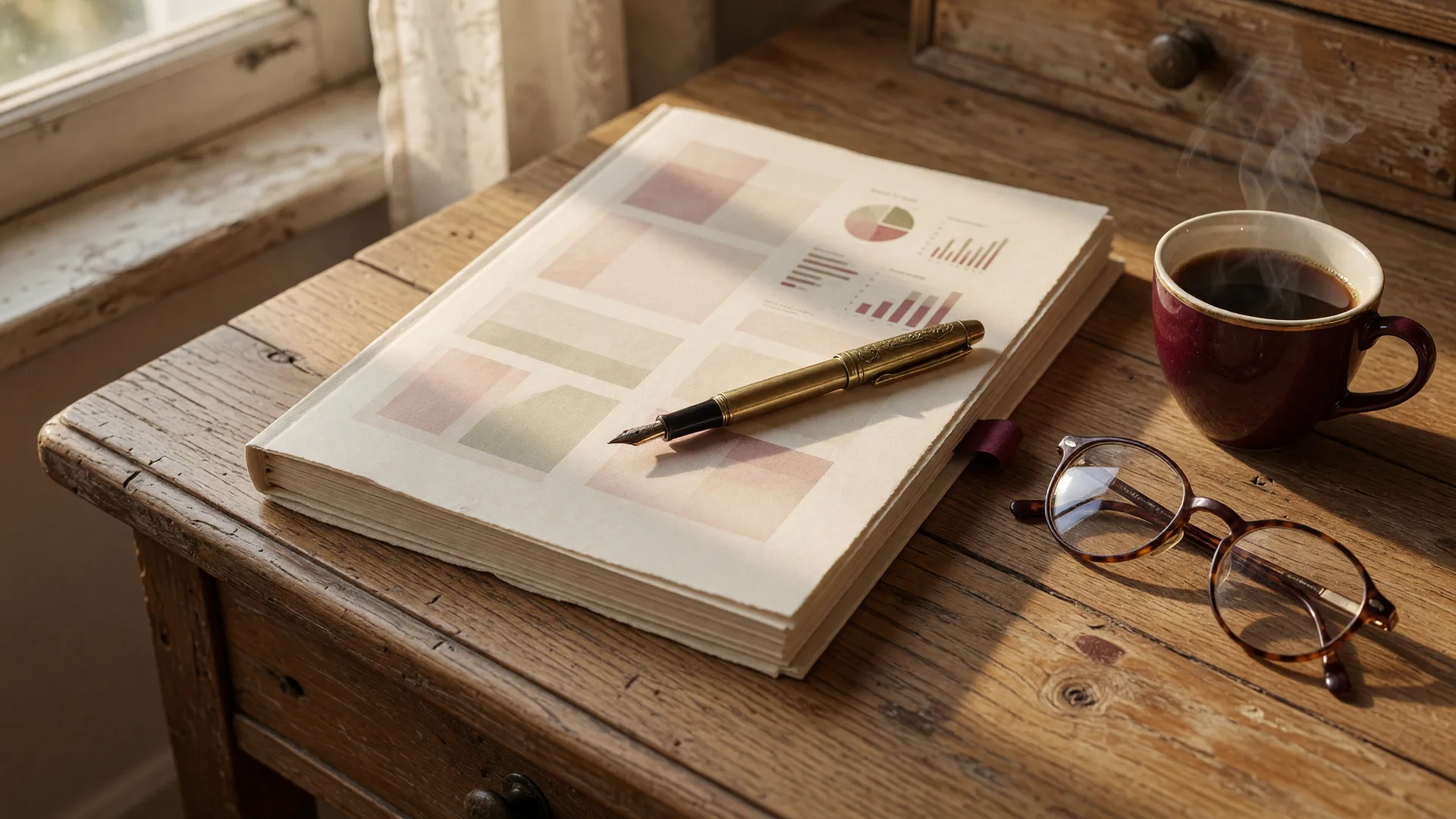 A printed home buyer's guide resting on a wooden desk beside a fountain pen, reading glasses, and a cup of coffee