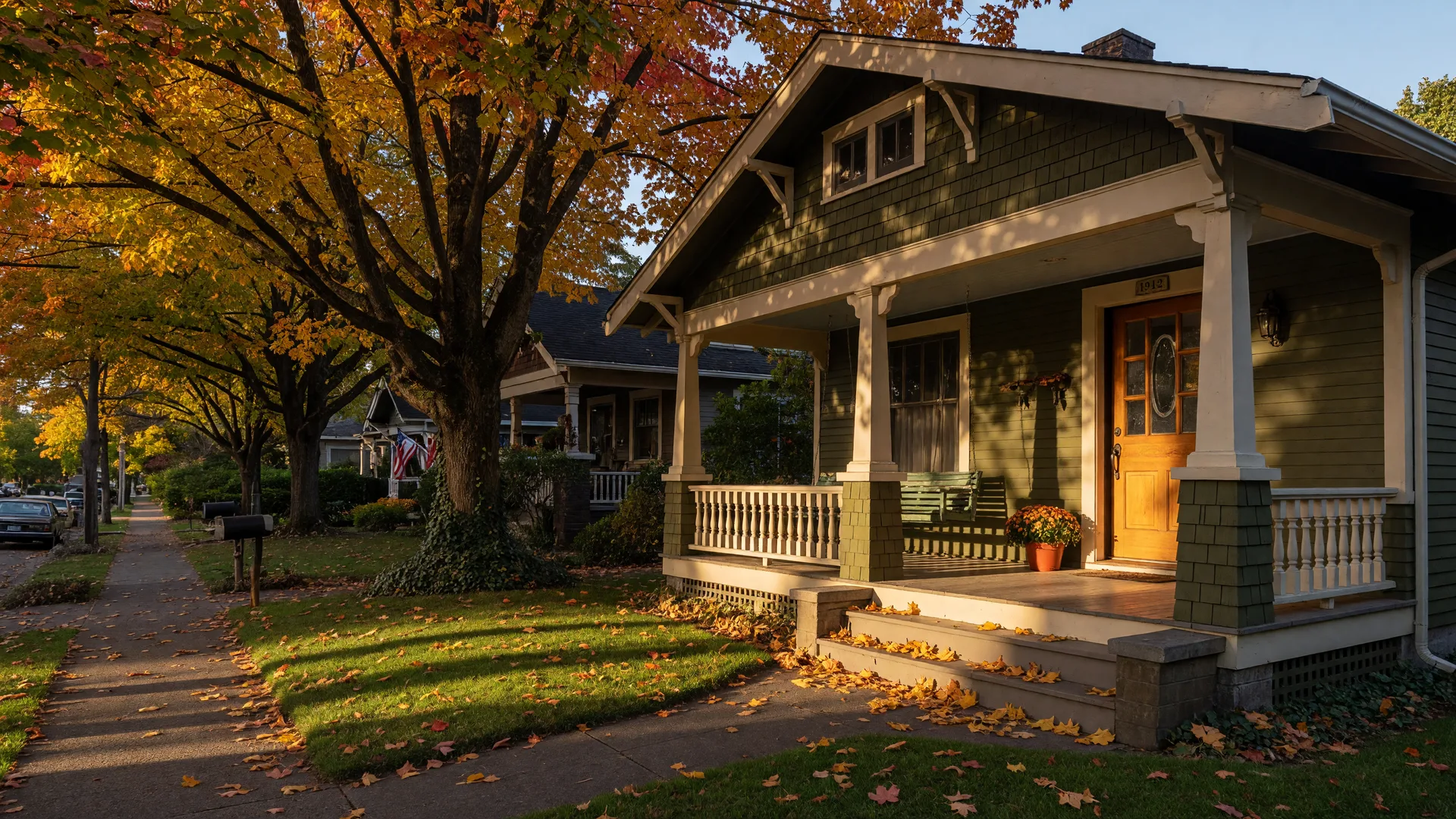A classic Portland craftsman bungalow on a tree-lined street in early fall with golden maples and warm late-afternoon light