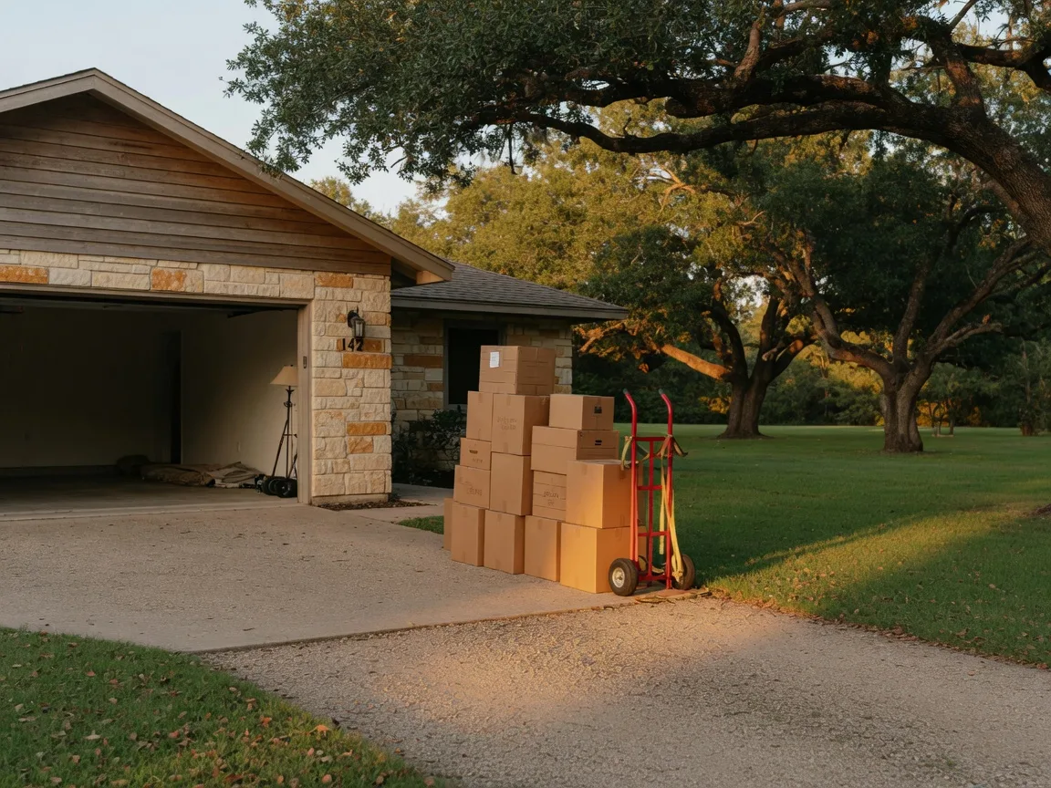 Moving boxes and a hand truck sitting on a long Hill Country driveway beside an open garage at a limestone and wood home with live oaks and a wide lawn