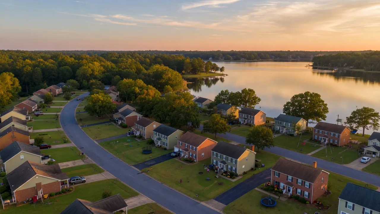 Aerial view of a tree-lined suburban neighborhood in the Columbia, SC Midlands in early autumn