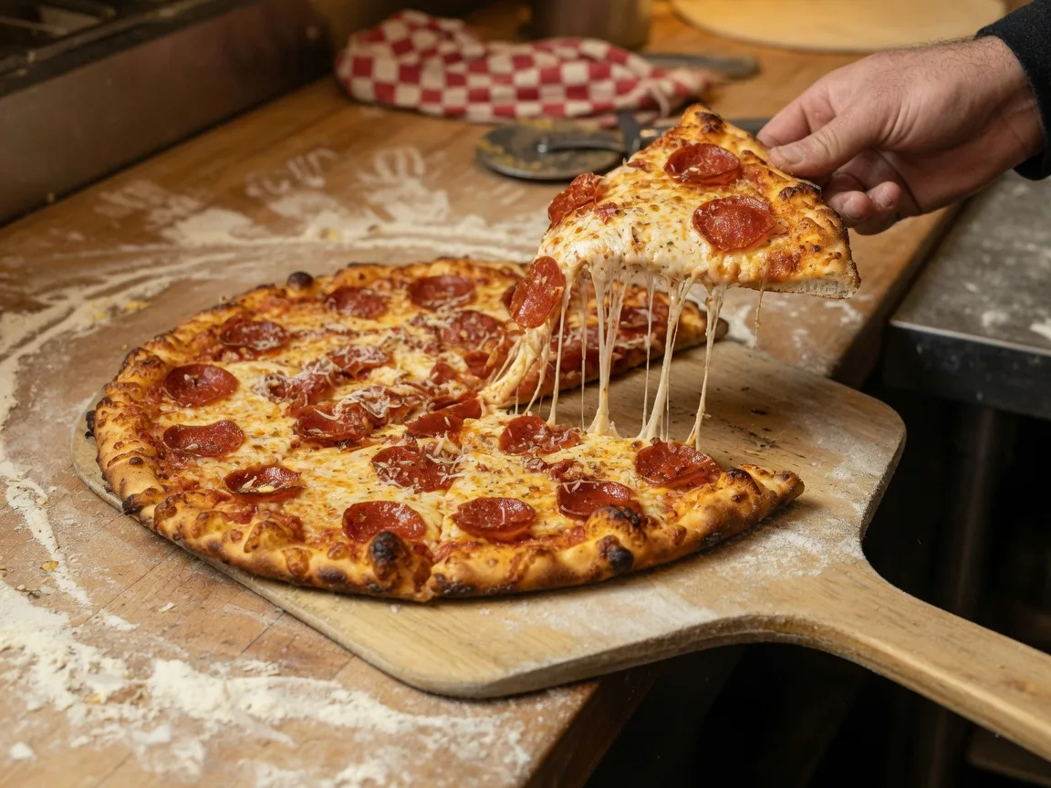 Freshly baked New York-style thin-crust pizza with melted cheese and pepperoni on a wooden peel at Sliced craft pizza restaurant in Hoschton Georgia