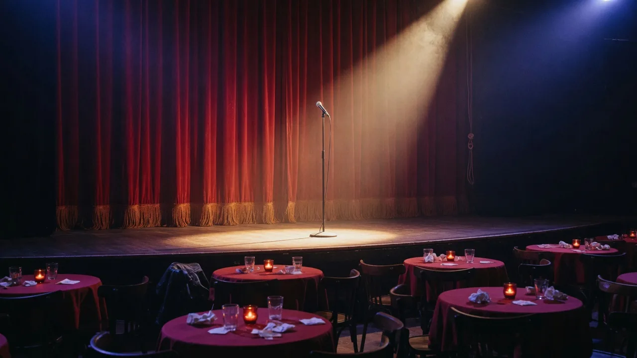 A comedy club stage with a single microphone on a stand under a warm spotlight with red velvet curtain and empty tables
