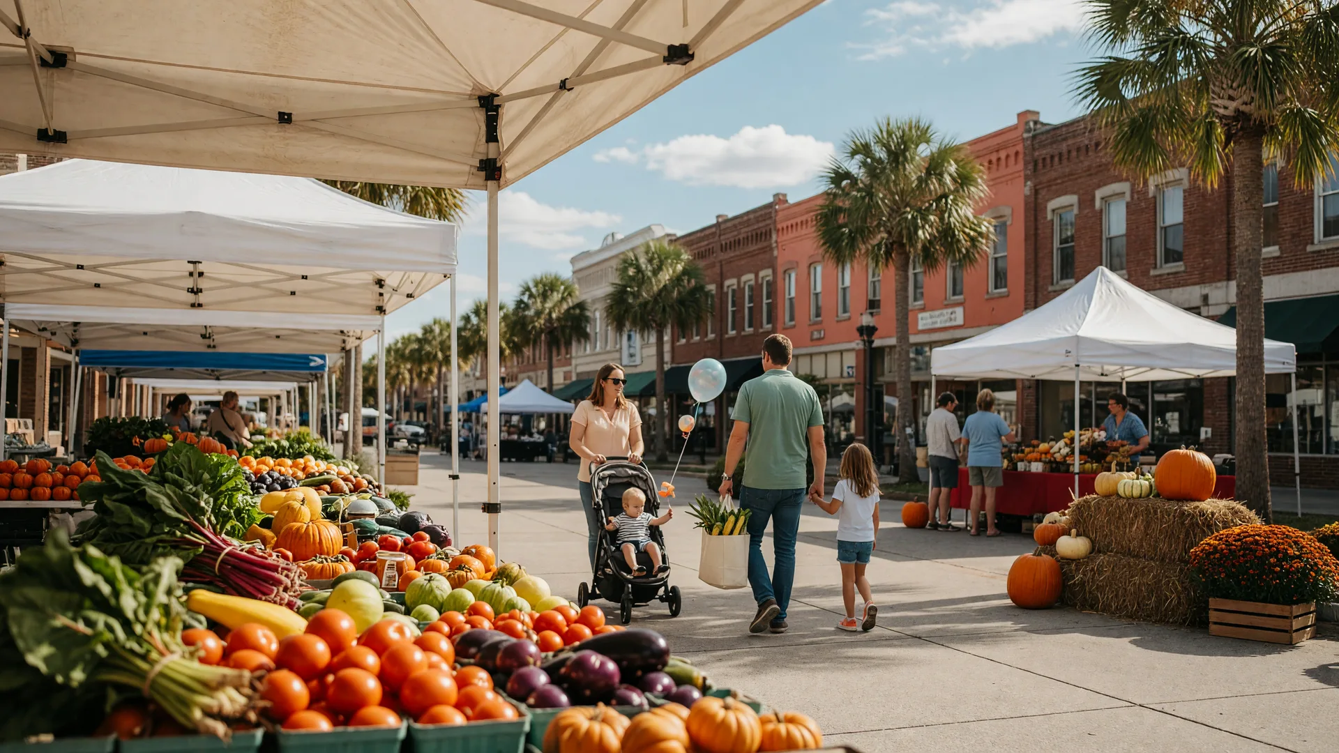 A Central Florida autumn farmers market and fall festival on an October morning, with palm trees and a blue sky
