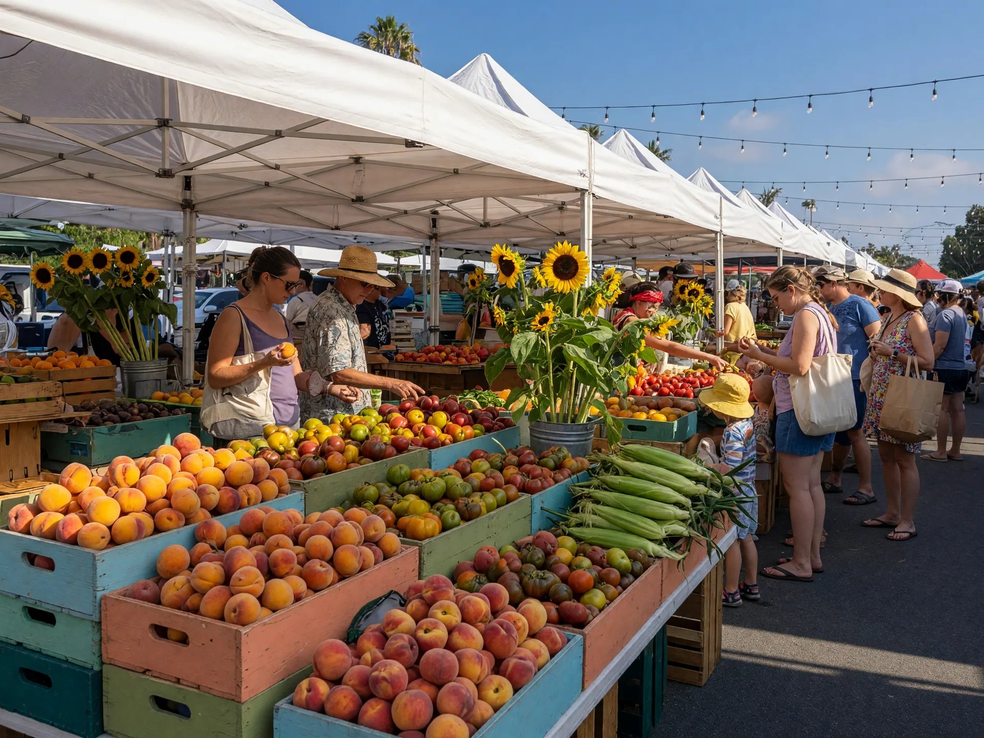 Colorful summer farmers market in California with wooden crates of fresh stone fruits, heirloom tomatoes, sweet corn, and sunflowers under white canopy tents