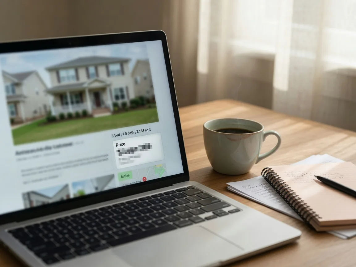 Laptop showing a real estate listing on a wooden desk with coffee and notebook