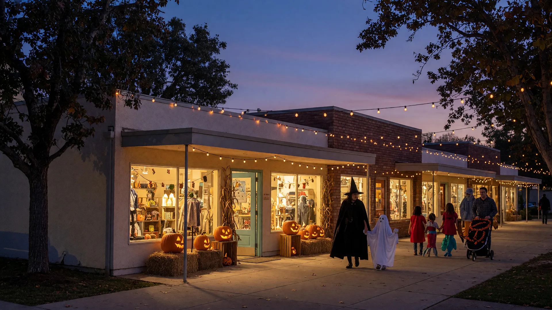 A suburban California shopping village on Halloween evening with warm string lights, carved pumpkins by the doorways, and families in costume walking between storefronts under a deepening indigo sky