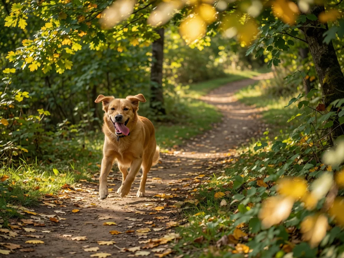 A joyful dog running ahead down a sunlit wooded trail, warm light glowing through the trees