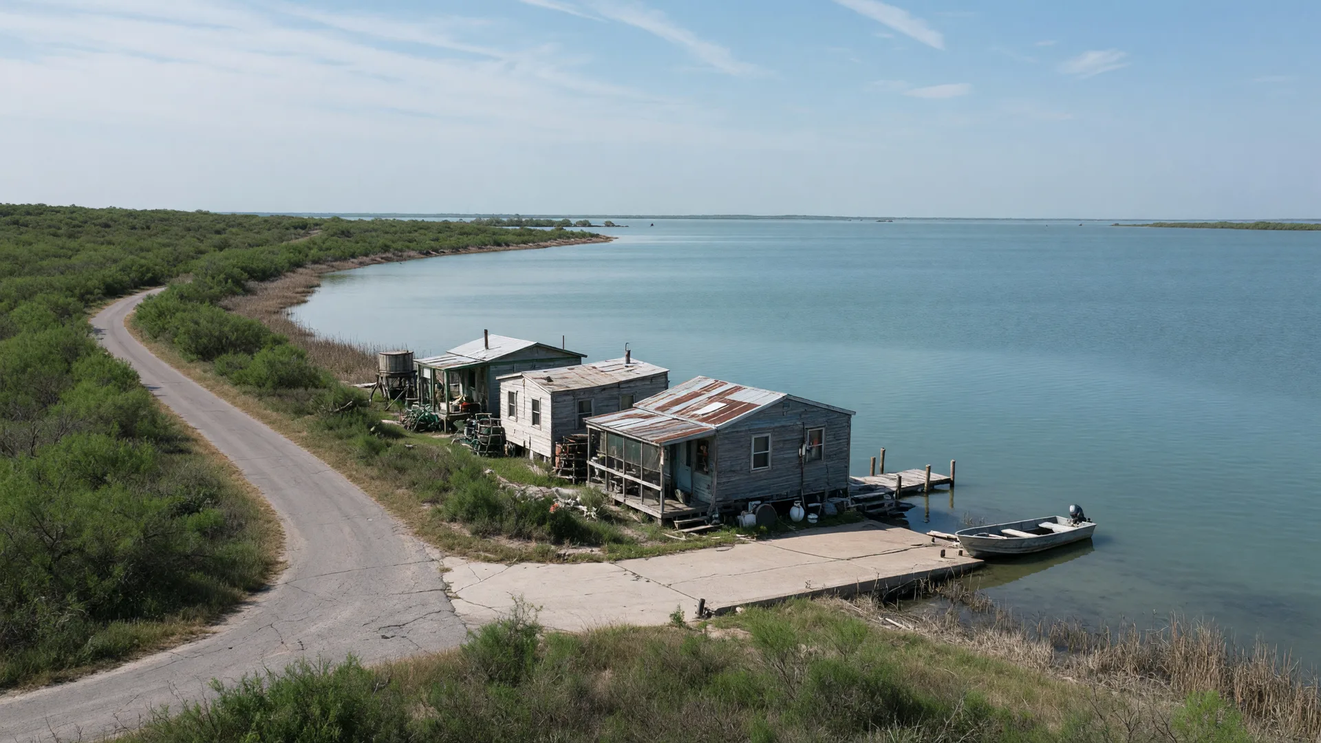 A tiny, remote Texas fishing village with cabins and a boat ramp