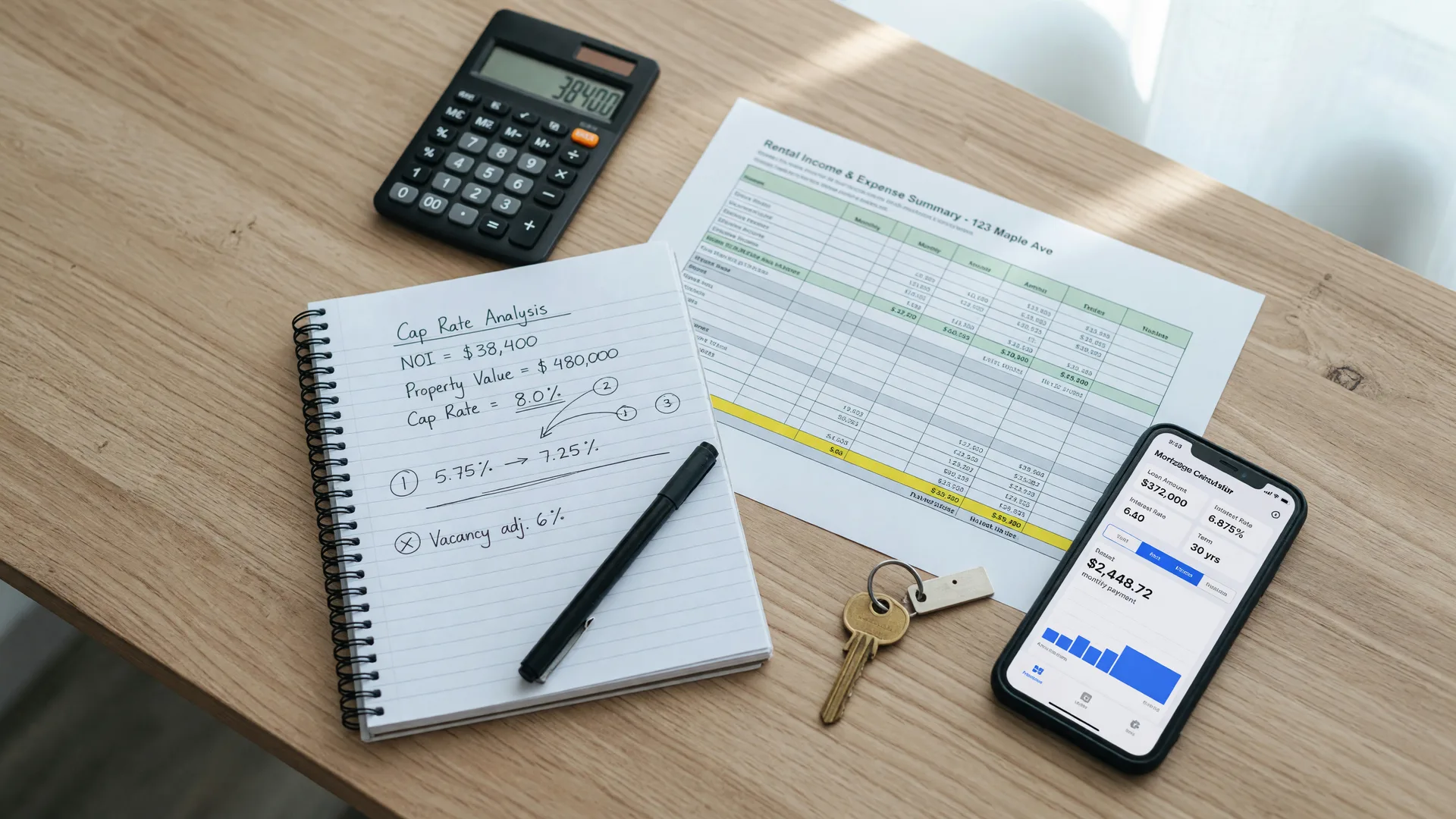 Overhead flat-lay of real estate investment analysis documents, calculator, smartphone, and brass house key on a wooden desk