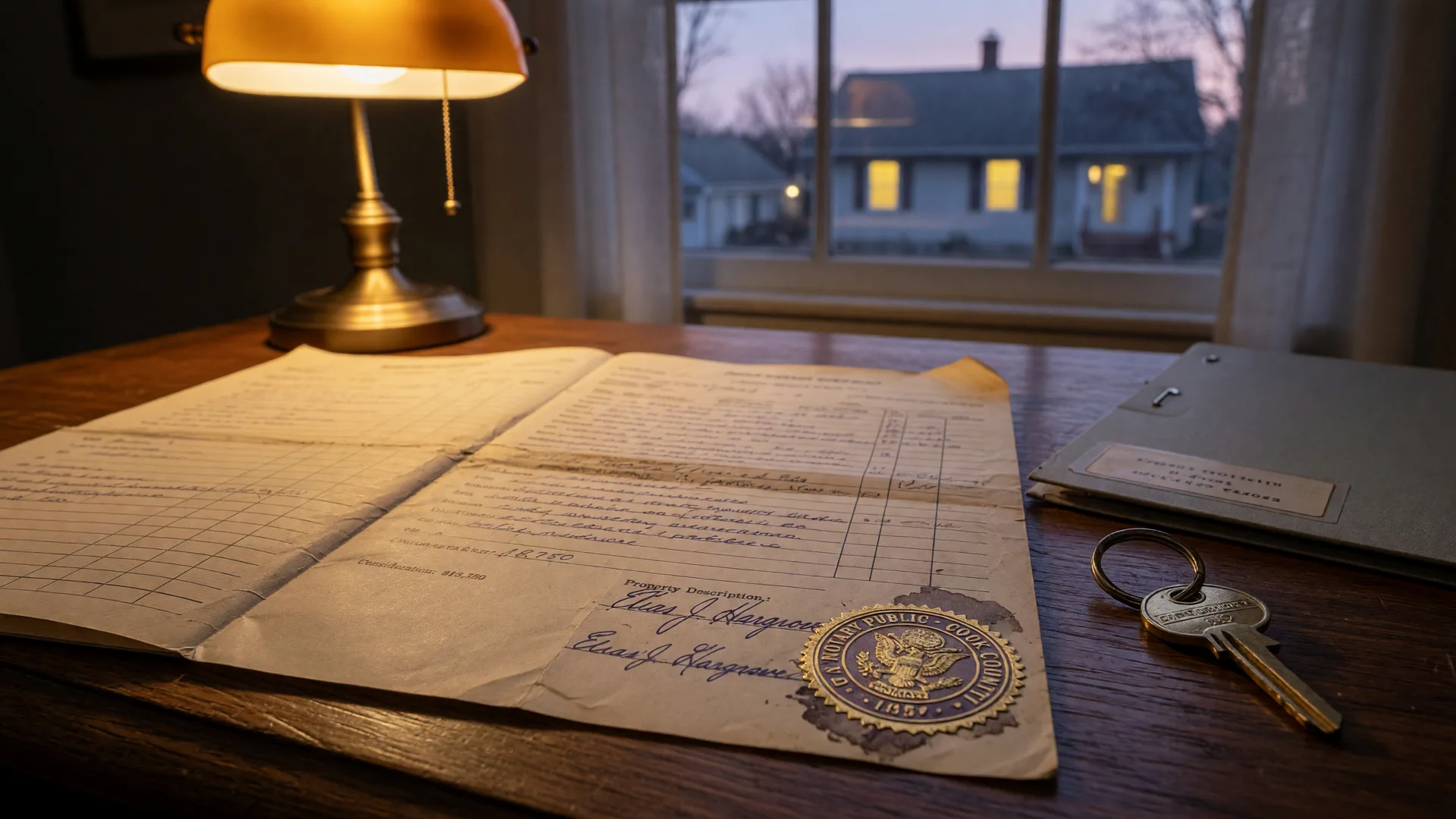 An old yellowed mortgage record with a faded signature and notary seal on a desk beside a brass house key, representing a paid-off loan still on the title record