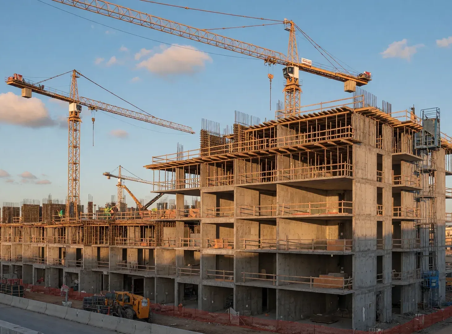 A new mid-rise apartment building under construction in San Diego with tower cranes, showing the current supply wave