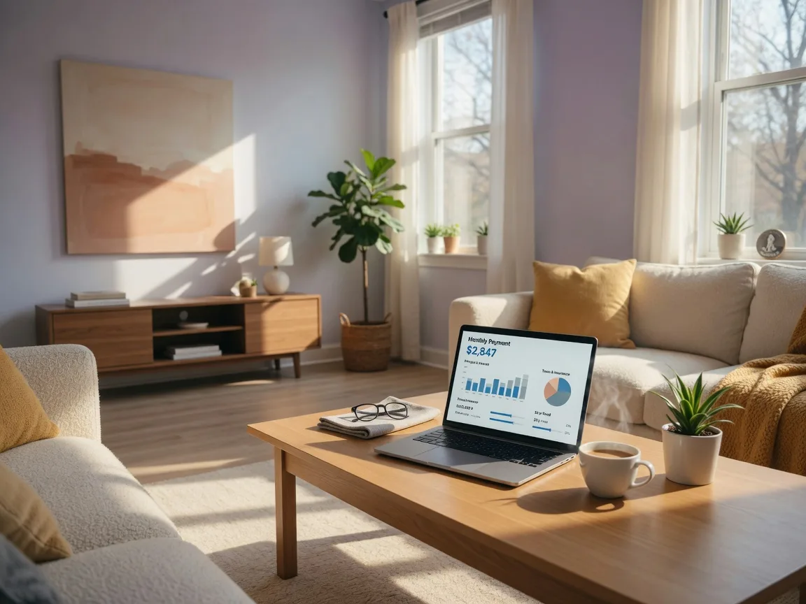 A bright, modern apartment living room in Northern Virginia with a laptop open to a mortgage calculator, a cup of coffee, and a small plant on a wooden coffee table, warm sunlight streaming through the window