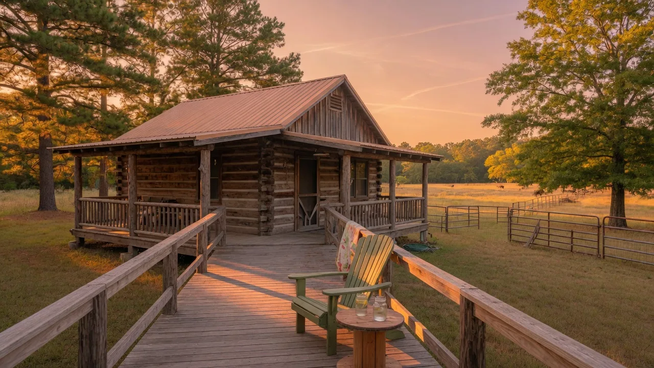 Golden sunset over a log cabin with wrap-around porch on acreage in Northeast Texas