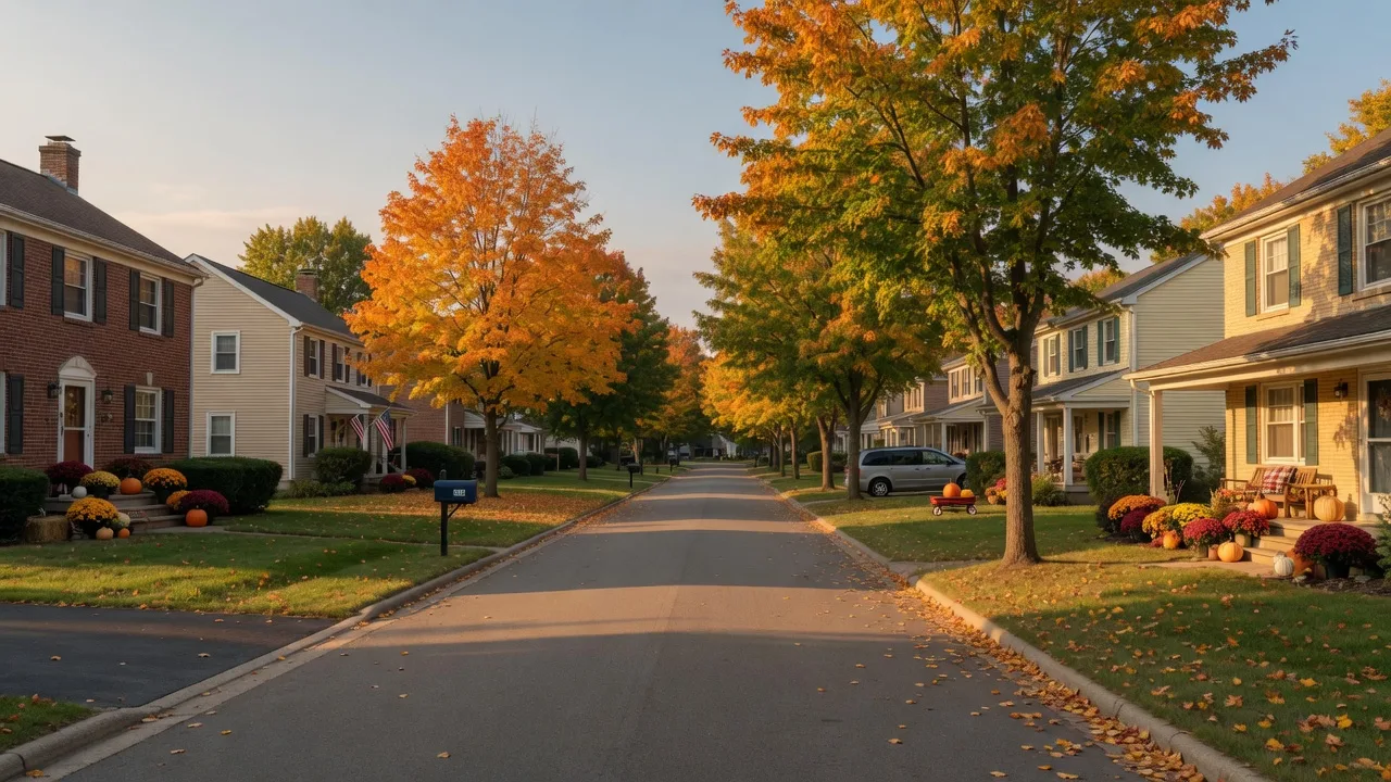 A Grand Blanc-style suburban street in late-September golden hour light, with maples just turning gold and pumpkins on front porches