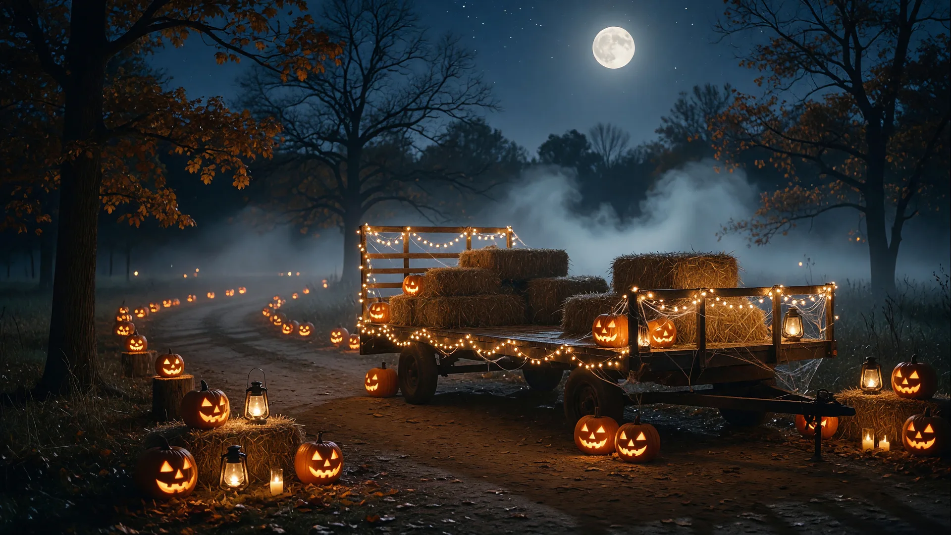 A hay wagon draped in string lights and cobwebs on a dark trail lined with glowing jack-o-lanterns