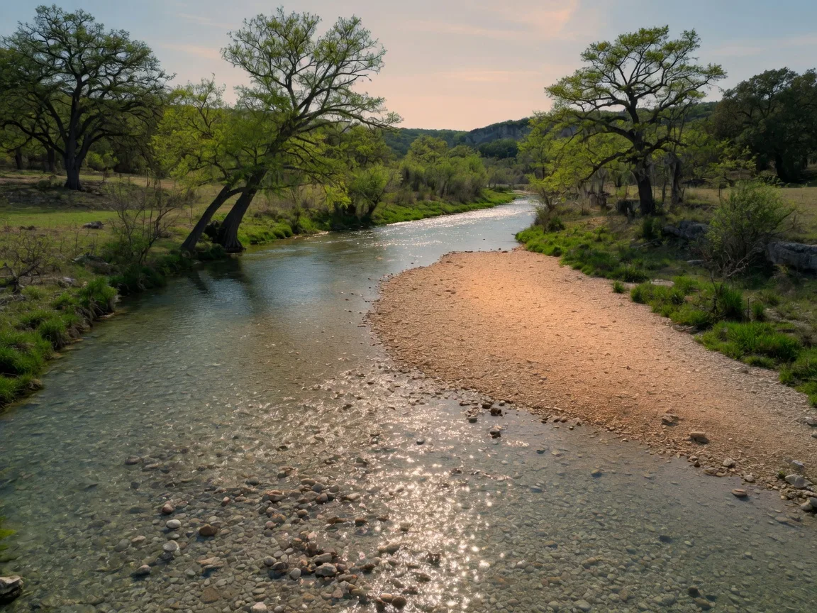 Clear spring-fed Nueces River north of Uvalde, Texas flowing over a limestone gravel bed beneath low banks and leaning cypress and live oak trees
