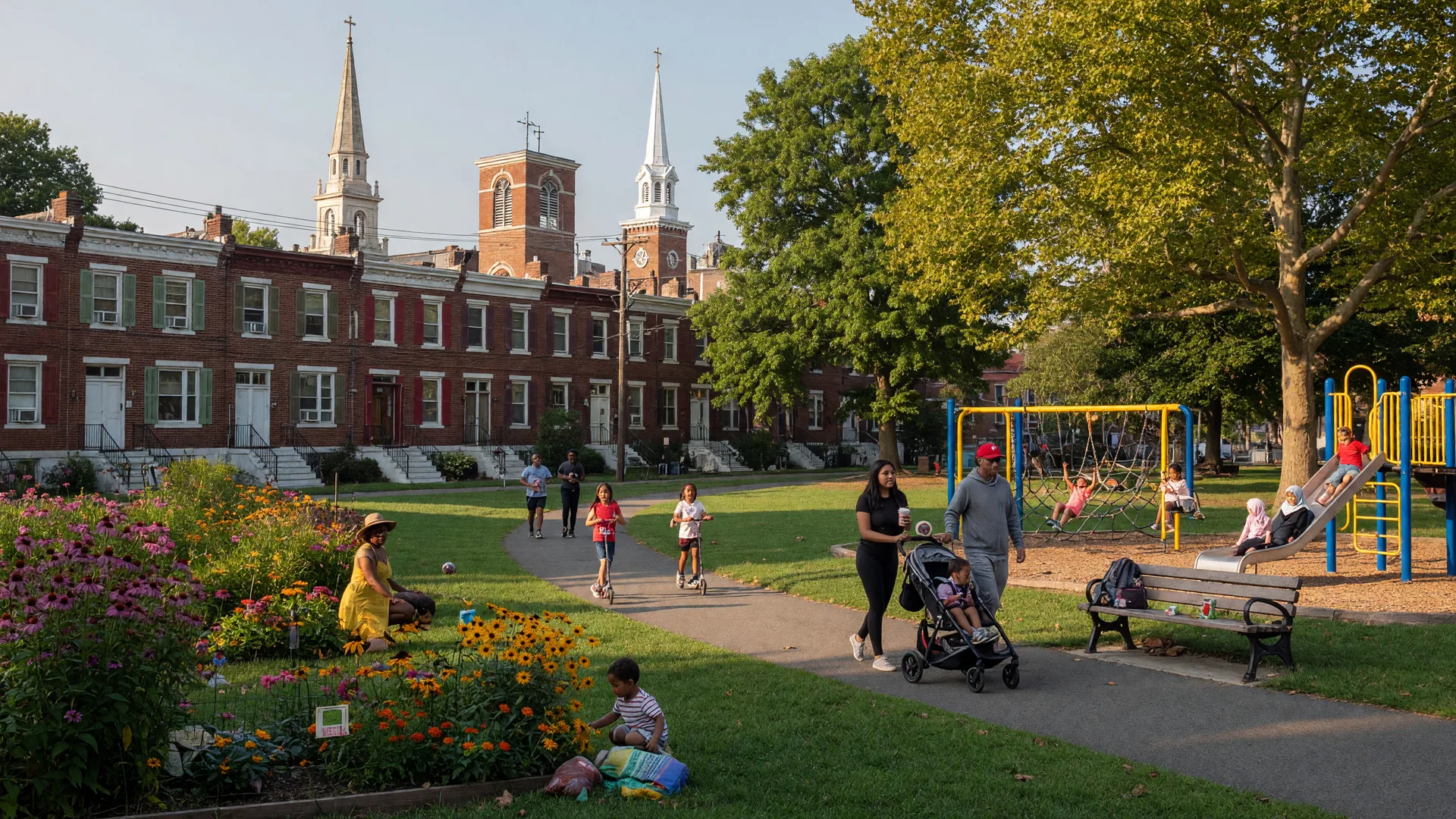 Graduate Hospital Philadelphia neighborhood park with playground, families and historic rowhomes in background