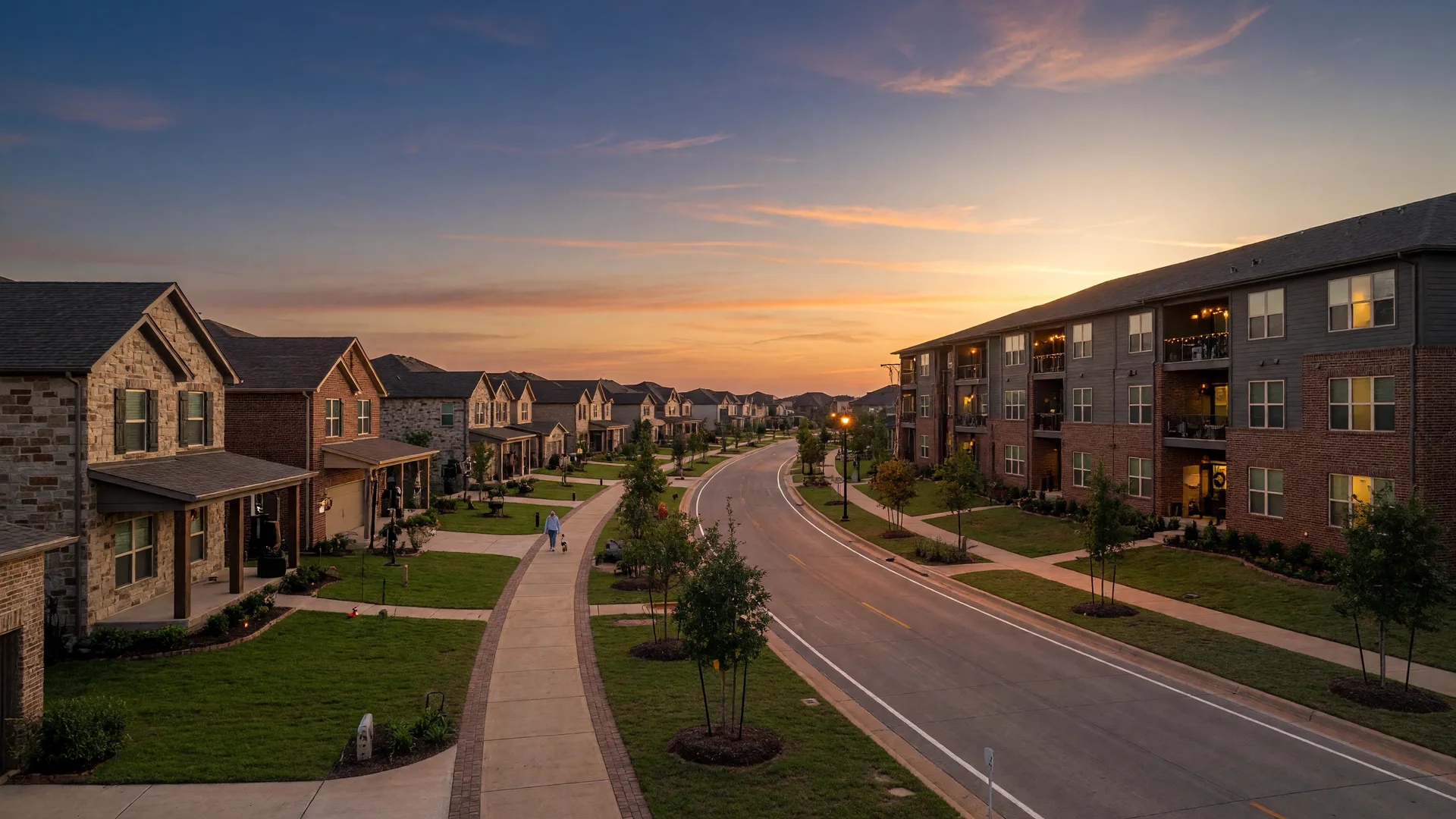 Golden-hour view of a North Texas master-planned community with new single-family homes beside a newer apartment community linked by a walking trail
