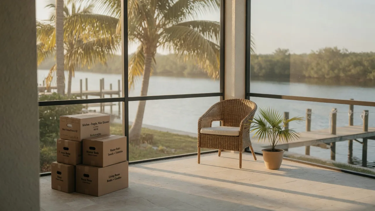A peaceful morning on the screened lanai of a newly moved-in Florida coastal home, with labeled moving boxes, a rattan chair, and palm trees visible through the screen