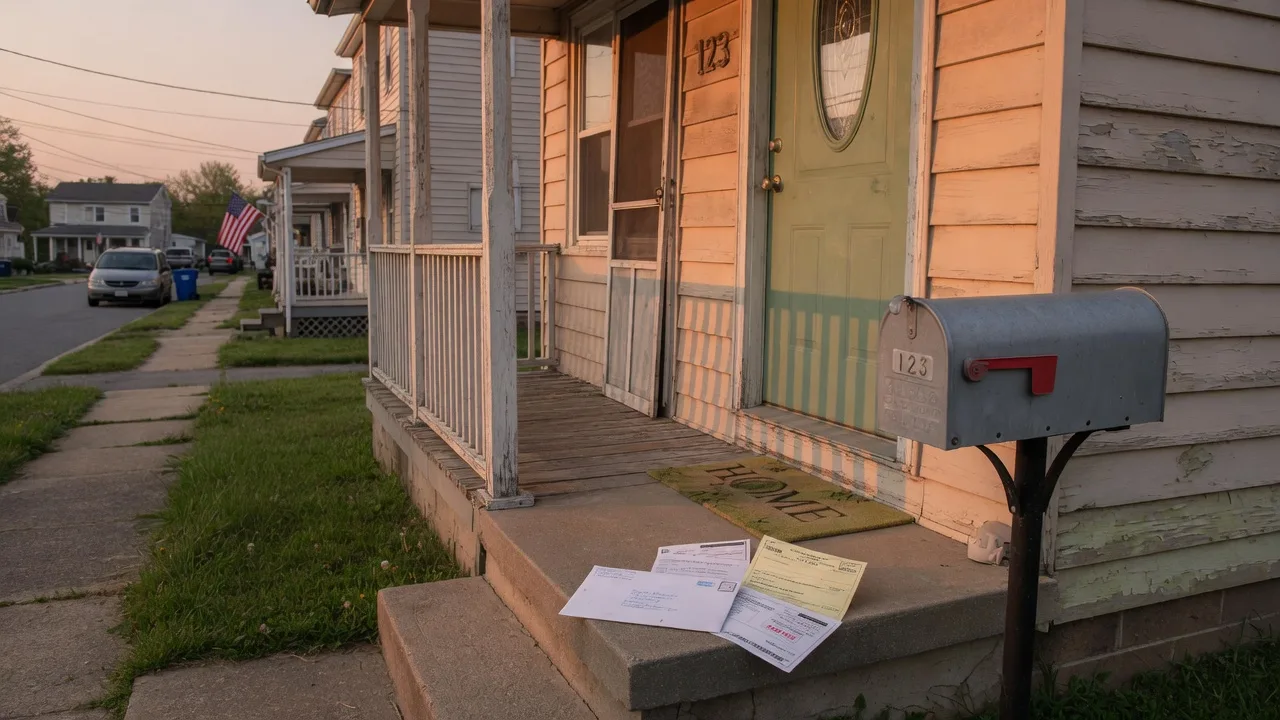 The front door and mailbox of a Maryland family home with property tax notices on the welcome mat in golden light