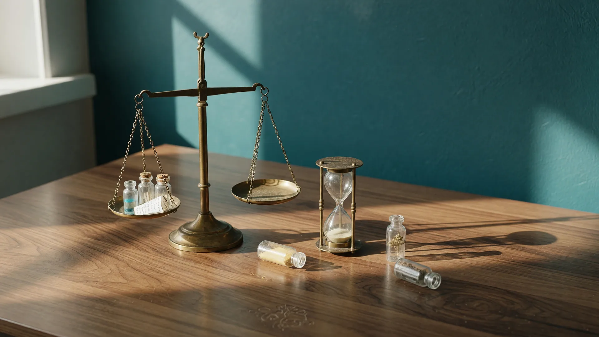 A vintage brass balance scale with glass vials and an hourglass on a walnut desk