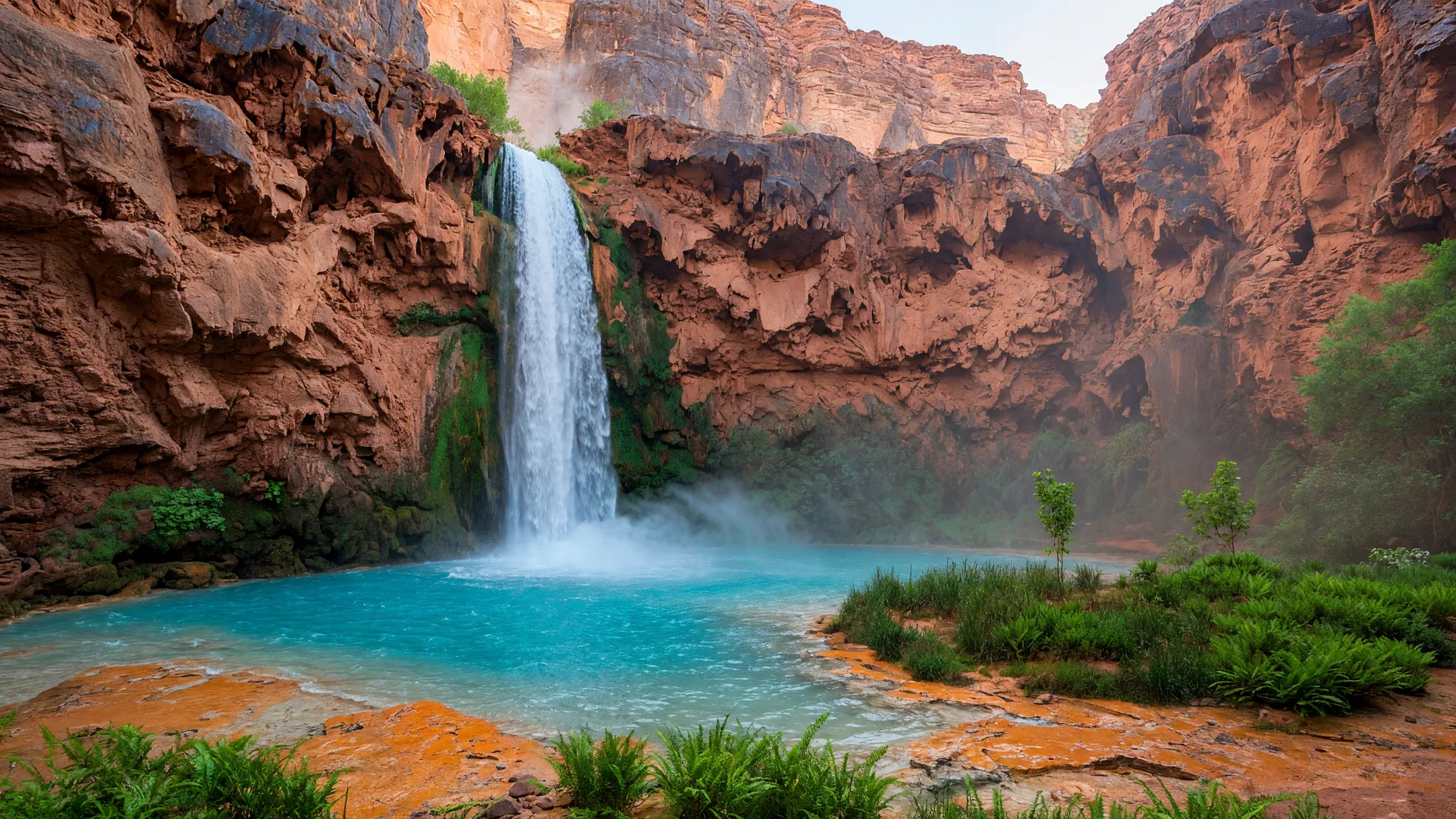 Turquoise canyon water cascading between rust-red desert cliffs, a hidden desert waterfall