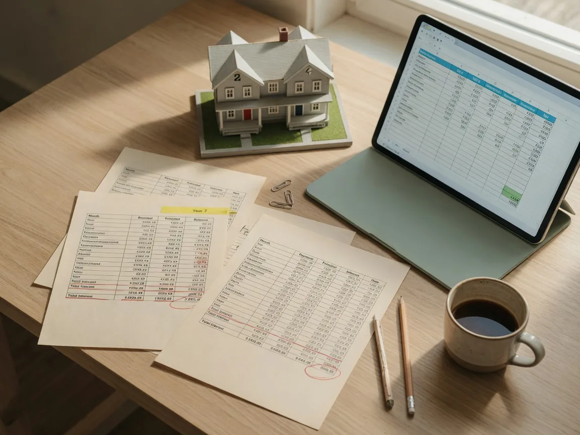 A real-estate investor planning desk with mortgage amortization tables, a rental income spreadsheet, and a model of a two-unit house